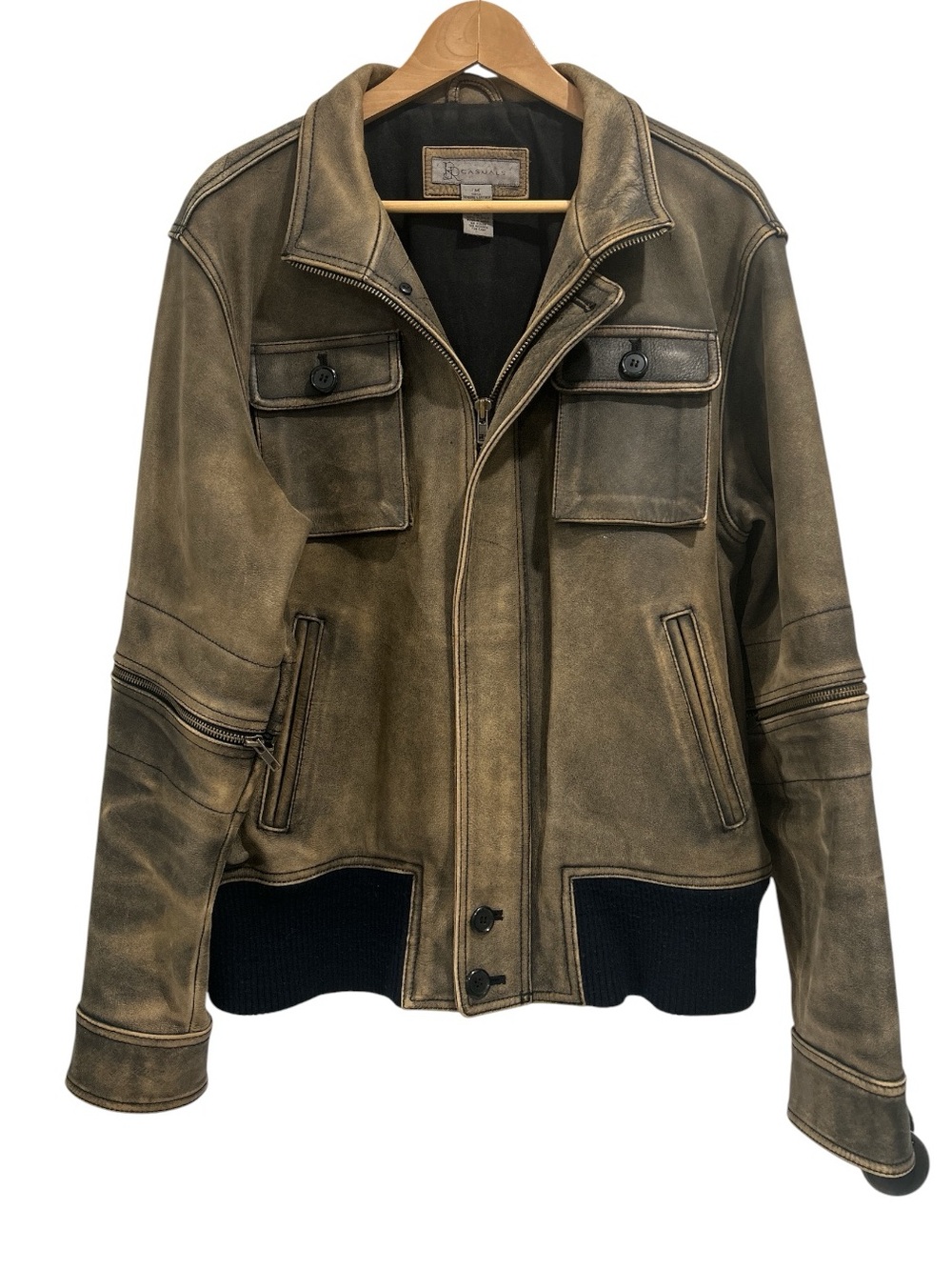 R&R CASUAL Genuine Distressed Leather Brown Bomber Jacket Coat - Size Medium